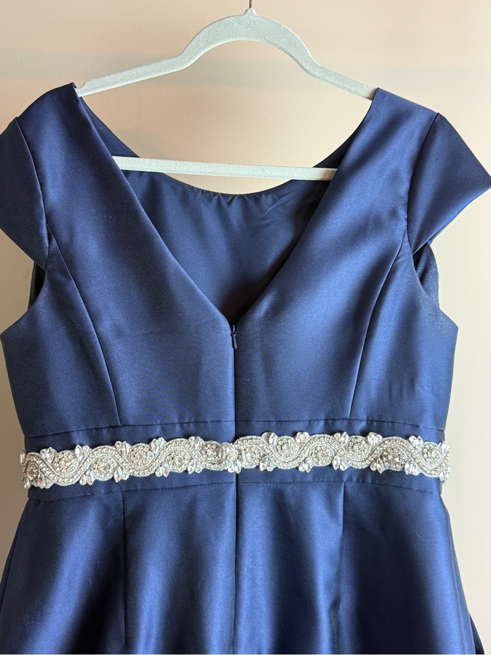 Alfred Sung Midnight Blue Satin A-Line Cap Sleeve Pleated Skirt Dress w/ Pockets - Picture 6 of 14